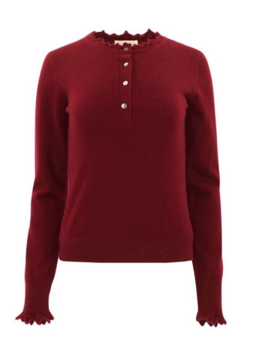 NWT Ulla Johnson Reece ruffled trim 100% Cashmere sweater top  Sz S maroon